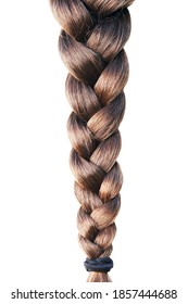 Deep Golden Brown Braided Hair Hanging Straight Down With Black Pony Tail Holder At The End Against An Isolated White Background                              