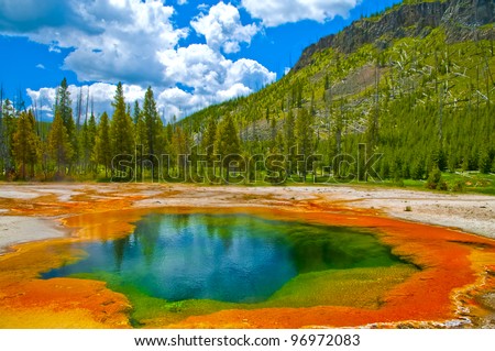 Deep green blue geyser pool in yellowstone national park