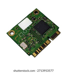 Deep green circuit board module with black microchip and golden edge contacts on a white background