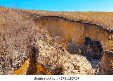 Deep gully cuts through eroded land, exposing layered soil with sparse vegetation clinging to surface. Degradation and the vulnerability of barren terrain to environmental forces