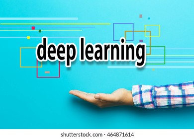 Deep Learning concept with hand on blue background