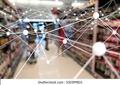 Deep Learning , Neural Networks , Machine Learning And Artificial Intelligence Concept. Atom Connect With Blur Retail Shop Store Background