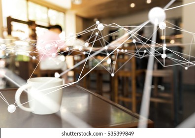 Deep Learning , Neural Networks , Machine Learning And Artificial Intelligence Concept. Atom Connect With Blur Coffee Shop Or Retail Store Background