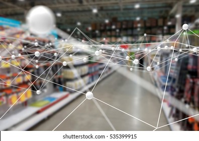 Deep Learning , Neural Networks , Machine Learning And Artificial Intelligence Concept. Atom Connect With Blur Retail Shop Store Background