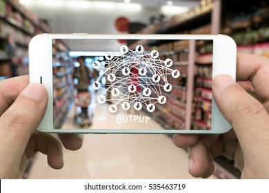 Deep learning , Neural networks , Machine learning and artificial intelligence concept. Hand holding mobile phone and infographic output icons with retail shop store background