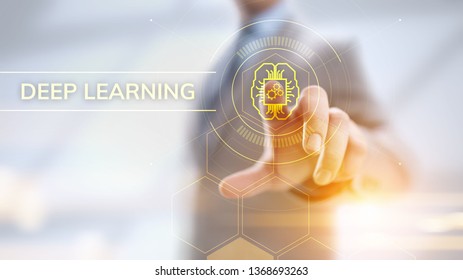 Deep Machine learning artificial intelligence technology concept. Businessman pointing on screen.