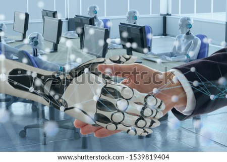 deep machine learning with artificial intelligence technology with neural network concept, hand man and robotic hand check hand to Collaborate, improvement, make a profit, ebitda, skill, decrease time