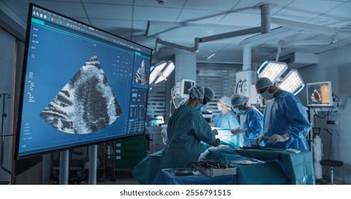 Deep in the Process of an Emergency Surgery, Diverse Team of Healthcare Professionals Navigating Each Stage of the Operation with Extreme Concentration. TV Screen Showing Ultrasound Image on Display - Powered by Shutterstock