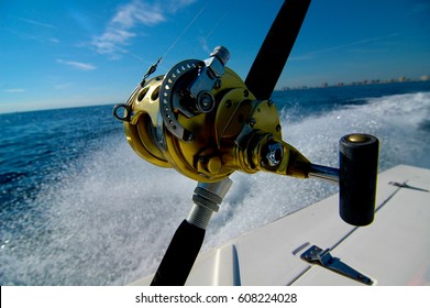 Deep Sea Fishing Rod And Reel In Boat Holder Close Up