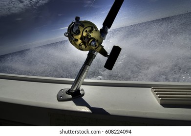 Deep Sea Fishing Rod And Reel In Boat Holder 