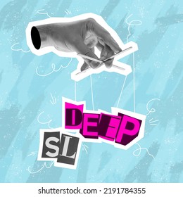 Deep Or Sleep. Surreal Conceptual Poster. Human Hand Offers To Make A Choice Between Two Words. Concept Of Choice, Rights, Purpose And Meaning Of Life. Aesthetic Of Hands. Magazine Style