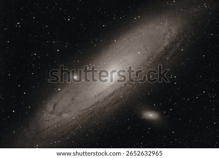Deep space image of the Andromeda Galaxy (M31), our nearest spiral galaxy neighbor. Perfect for astronomy, science and space-themed projects.