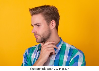 Deep Thinker. Thinking Man Yellow Background. Profile Of Pensive Guy. Thinking Is Good