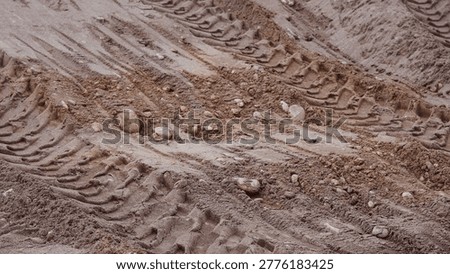 Deep tire tracks and tread patterns imprinted in dark, damp sand or soil