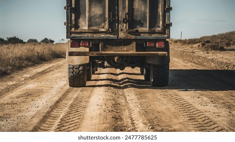 Deep tire tracks from a truck mark the dirt road, showcasing rugged tread patterns and the impact of the heavy vehicle.

 - Powered by Shutterstock