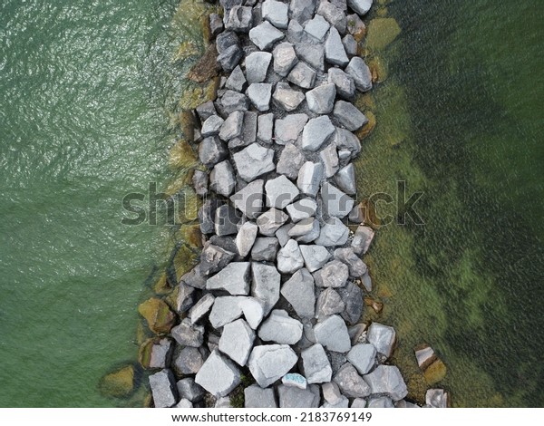 Deep water and\
shallow water divided by\
rocks.
