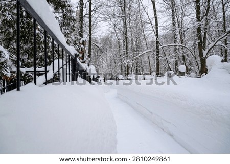 A deep white snow path leading past a black iron railing, with snow-laden headstones, a wooden cross, and tall bare trees in a peaceful graveyard