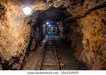 Deep within the Jachymov mine shaft in Czechia, a narrow tunnel reveals old mining tracks and ambient lights illuminating the rocky walls. This location holds a rich history of mineral extraction.