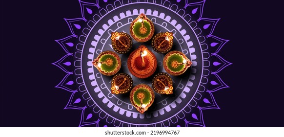 Deepavali Diwali, Hindu Festival Of Lights Celebration. Diya Oil Lamp Lit On Traditional Mandala Design, Top View.