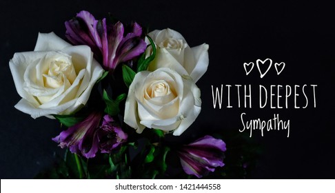 With Deepest Sympathy Card With Three White Roses And Purple Flowers On Black Background