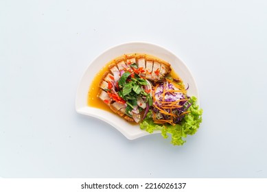 Deep-fried Pork Belly Spicy Salad
 White Background