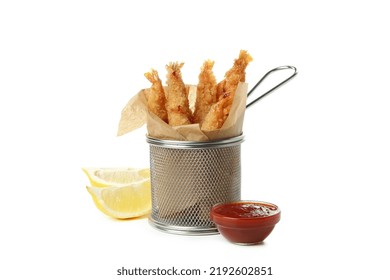 Deep-fried Shrimp In Deep Fryer Isolated On White Background