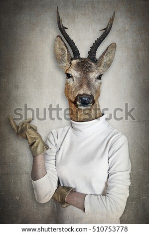 Deer in clothes. Concept graphic in vintage style.  