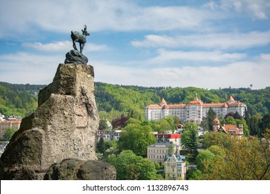 The Deer Jump and Karlovy Vary town view taken from hill near the town, Karlovy Vary, Czech Republic, May 2nd 2018