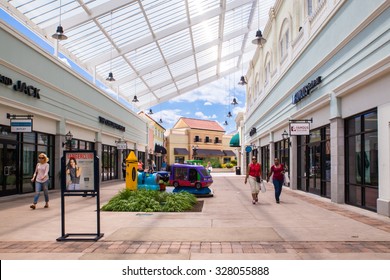 DEER PARK, NY - JULY 22, 2015: View Of Tanger Factory Outlet Outdoor Shopping Mall On Long Island, NY 