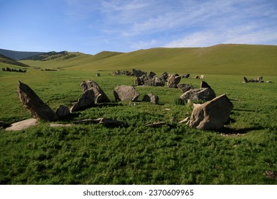 Deer stone monuments and square graves of Temeen Chuluu, Mongolia