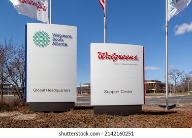 
Deerfield, Illinois, USA - March 27, 2022: Walgreens Boots Alliance and Walgreens signs at their headquarters in Deerfield, Illinois, USA. Walgreens Boots Alliance is an Anglo-Swiss-American holding 