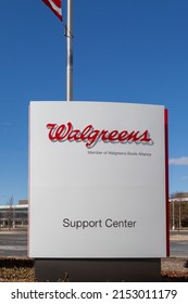 Deerfield, Illinois, USA - March 27, 2022: Walgreens sign at their  headquarters in Deerfield, Illinois, USA. Walgreens Walgreen is an American company that operates a pharmacy store chain. 
