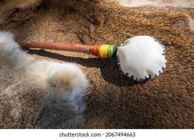 A Deerskin Percussion Rattle Instrument Used By California Native Americans To Make Musical Percussion Melodies