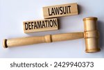 DEFAMATION LAWSUIT - words on wooden blocks on a white background with a judge