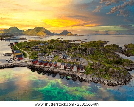 defaultBallstad, Lofoten, Norway, Sunset aerial view