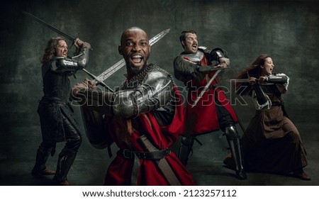 Defending the county. Creative art collage with brutal serious medieval warriors or knights war clothes with swords in motion, action isolated over vintage background. Comparison of eras, history