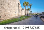 Defensive wall of the ancient holy Jerusalem timelapse hyperlapse, lit by the bright sun. Wonderful green lawn with palms and blue sky