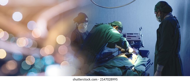 Defibrillation Cardiac Dysrhythmia, Surgical Doctor Team Performing Surgery Patient On Operating Room In Hospital, Doctors Use Medical Devices Automated External Defibrillator To Pump Hearts Patients