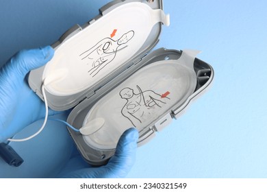 Defibrillator electrodes in the case beeing opened in a light blue background by a professional wearing gloves 