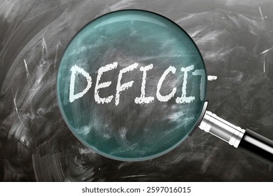 Deficit - learn, study and inspect it. Taking a closer look at deficit. A magnifying glass enlarging word 'deficit' written on a blackboard