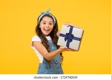 Definite Must. Black Friday Discount. Summer Shopping Sales. Best Presents And Gifts. Little Girl Open Box. Surprised Kid On Yellow Background. Birthday Surprise For Her. Bargain Sale Concept.