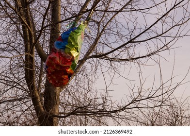 A Deflated Helium Foil Balloon Is Gently Swaysing In The Wind As It Is Caught In A Tree Gently 