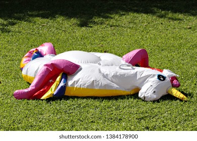 A Deflated Unicorn Pool Toy On The Lawn.