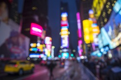 Defocus Abstract View Of Times Square Signage, Traffic, And Holiday Crowds In The Lead-up To New Year's Eve After A Snowstorm In New York City, USA