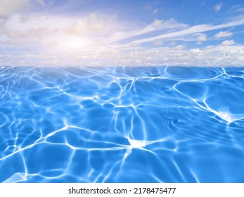 Defocus blurred blue water pattern splash and blue sky background. Blue sea wave and blue sky background.