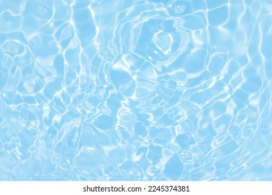 Defocus blurred transparent blue colored clear calm water surface texture with splashes and bubbles. Trendy abstract nature background. Water waves in sunlight with caustics. Blue water shinning  - Shutterstock ID 2245374381