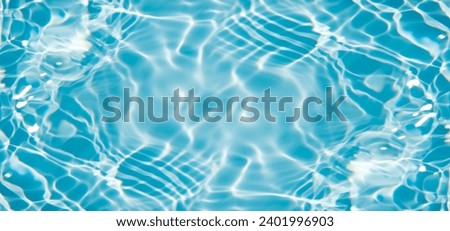 Defocus blurred transparent blue colored clear calm water surface texture with splashes and bubbles. Trendy abstract nature background. Water waves.