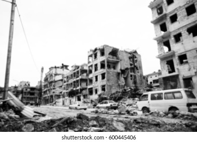 Defocus Or Blurry Image Of Situation Is Aleppo, Syria After Bombing Attack. 