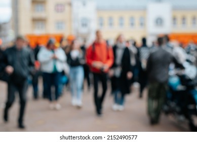 Defocus Crowd Of People Walking Down Street During Day, Rush Hour Abstraction.