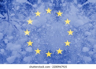 Defocus European Union Flag. Energy Prices. Cold Winter Season. Power Problem. Energy Crisis In Europe. War Sanctions. Russia Dependence. Snowing Weather. Out Of Focus.